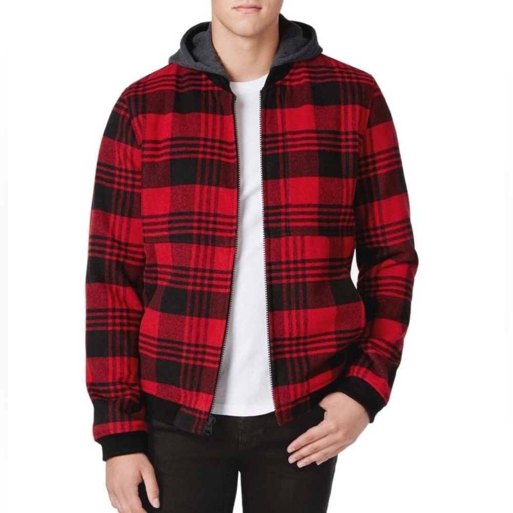 NWOT🍁Levi's® Men's Red Black Buffalo Plaid Bomber Hooded Jacket Size XL